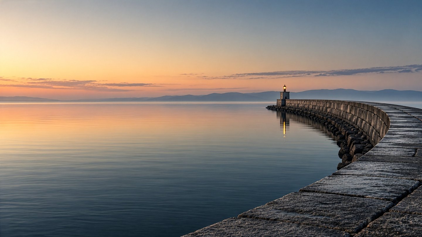 A harbour wall reaching into calm water at first light